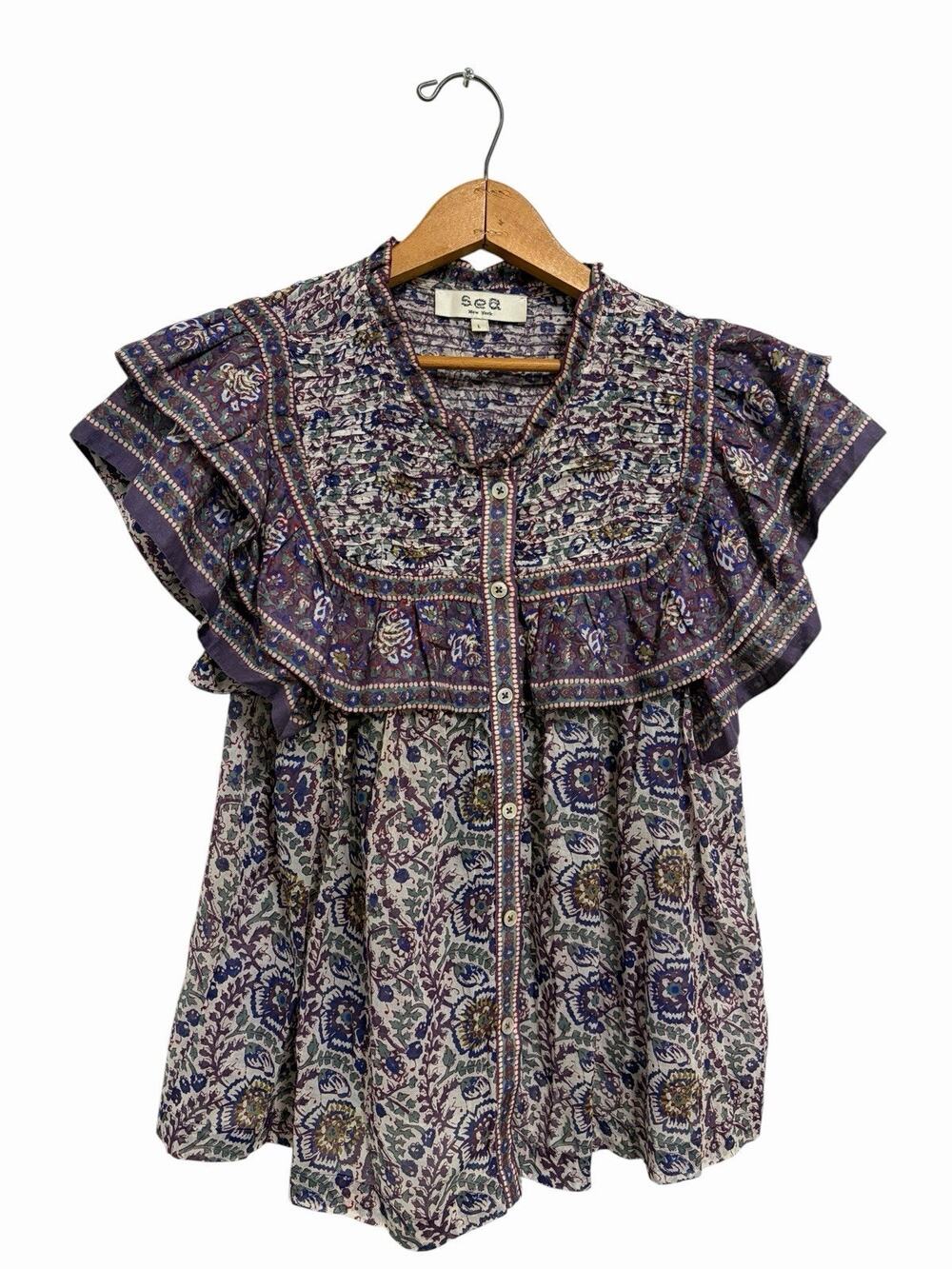Sea New York Rosita Flutter Sleeve Purple Floral Blouse As Seen On Size Large
